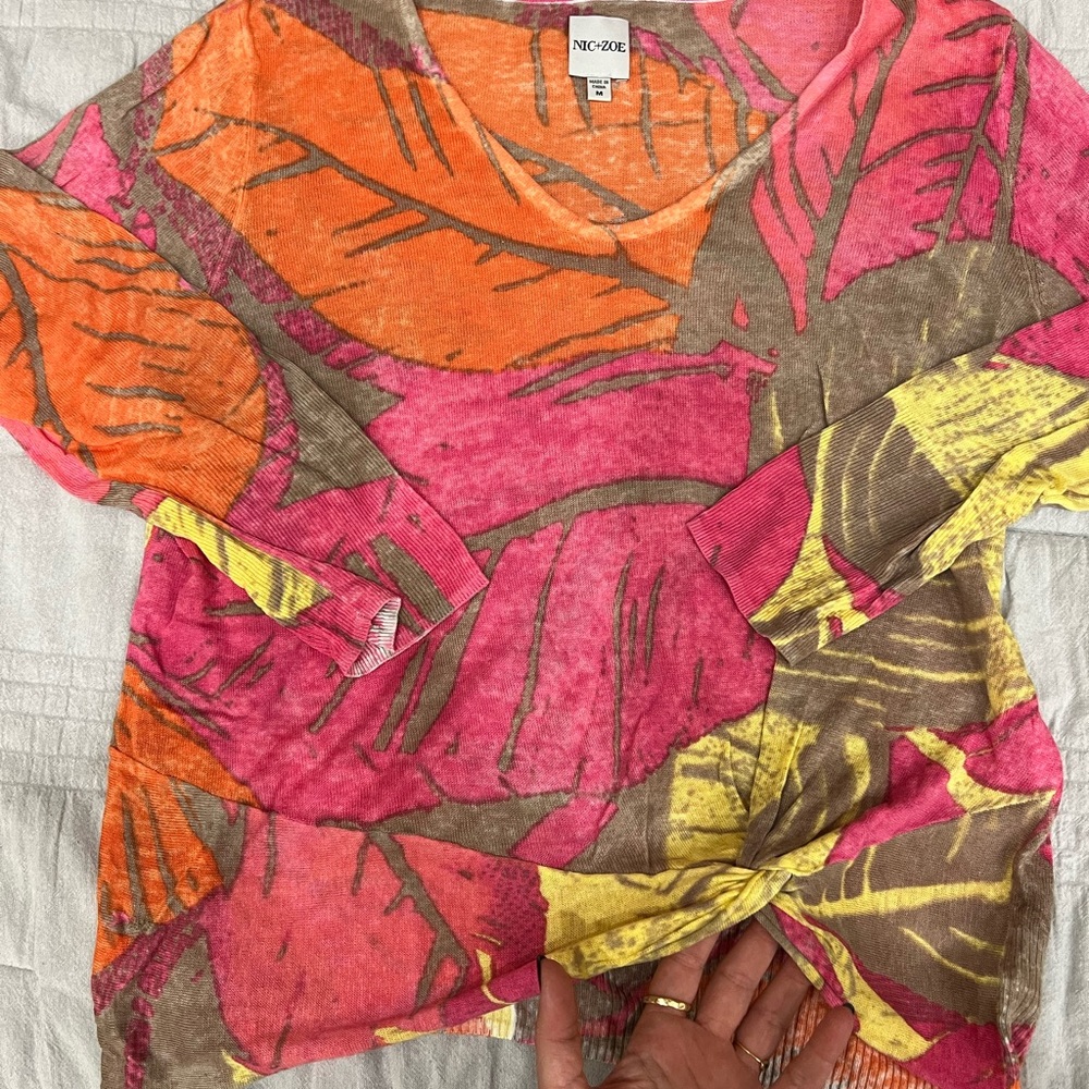 NIC+ZOE Orange and Pink Graphic Tie Front Blouse